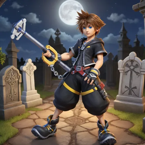 realistic, SoraKHXL <lora:SoraKingdomHeartsXL-000190:.9>, blue eyes, 1boy,brown hair, black outfit, graveyard at night, emo, (keyblade key) weapon, fighting pose, (anime, masterpiece, intricate:1.3), (best quality, hires textures, high detail:1.2), (4k),(i...