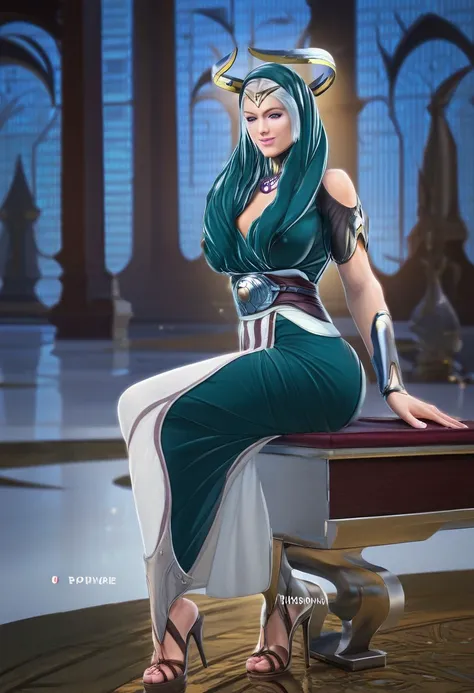 Herida,1girl,solo, goddess,large breast,necklace,jewelry,nimbus,halo,lips,high heels,horns nimbus,belt,long dress,cleavage,sandals,backless dress, white hair,purple eyes,bracer,green dress,bare shoulders, seductive pose, dat ass,sexual pose,sits on a chair...