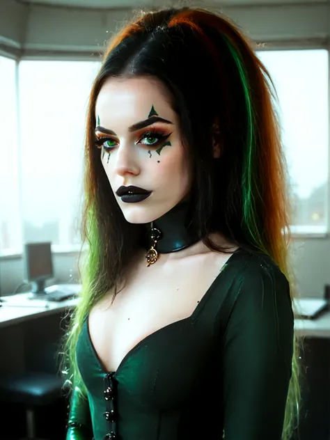 <lora:Trixy_Treats:0.75> close up on face, (trixy_treats), extremely pale skin, gothic makeup, black nails, two-tone hair, long hair, great lighting, intricate detail, portrait of a female figure with fair skin, piercing emerald green gaze. beautiful lips....