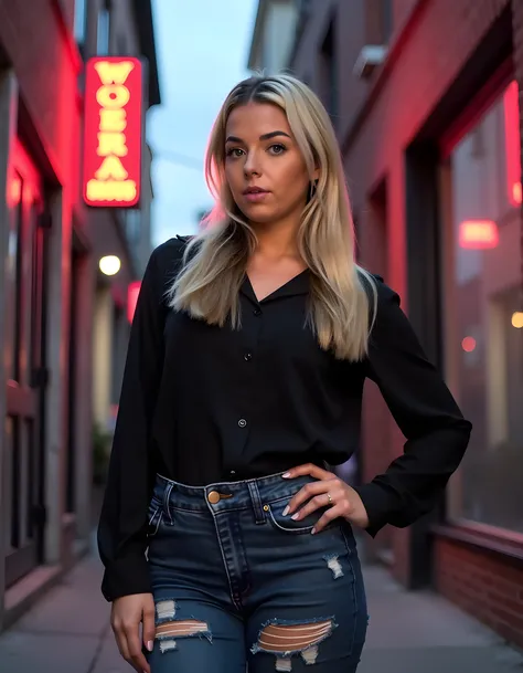 In a grungy, dimly lit urban alleyway at dusk, the camera captures a close-up shot of K4T3D, a striking woman with platinum blonde hair cascading down her shoulders and parted lips that hint at a mysterious smile. She stands confidently with one hand on he...