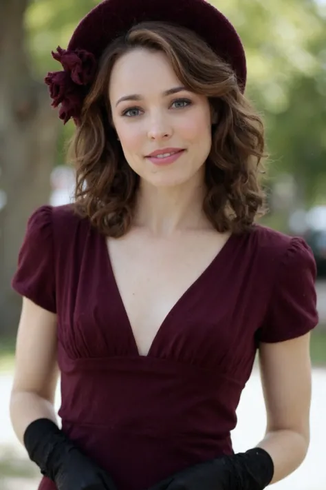 The image shows a woman dressed in a vintage, elegant outfit, reminiscent of the 1940s or 1950s. She is wearing a deep burgundy or dark plum dress with short sleeves, accompanied by black gloves that cover part of her forearms. Her hair is styled in soft w...