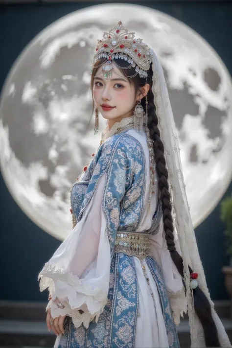 kashi123 kashi123, highly detailed，This photo is a high-resolution image of a young Asian woman wearing a graceful traditional Chinese Hanfu,mainly in light blue and silver,The background is a large and partially blurry full moon,projecting a soft diffuse ...