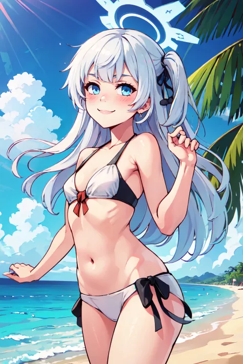 ((masterpiece,best quality)), absurdres,  BREAK, , <lora:Cherino_BlueArchive_Citron:0.8>, zzCherino, blue eyes, white hair, long hair, two side up, halo,  , BREAK,  bikini, tropical beach, blush,, BREAK, solo, smile, looking at viewer, cowboy shot,