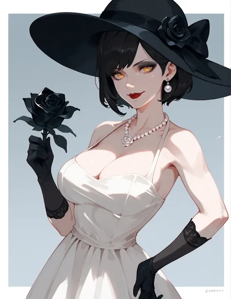 score_9, score_8_up, score_7_up, score_6_up, m1ne0h , lnp, 1girl, solo, breasts, looking at viewer, smile, short hair, large breasts, black hair, gloves, hat, dress, holding, cleavage, jewelry, yellow eyes, flower, earrings, black gloves, necklace, white d...