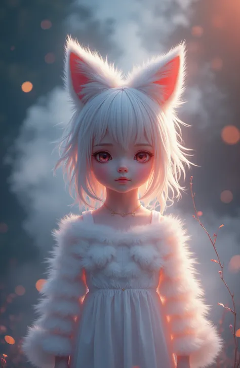 A beautiful photo, featuring a fox tail, fox ears, a cute little girl (real person) with 9 tails, a very cute face, and a white silk dress (half body view) in a beautiful garden, looking at the audience. White smoke, aurora background, perfect face, perfec...