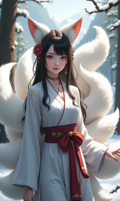 According to Chinese mythology,the Nine Tailed Fox has nine oversized fluffy tails and white fox ears. It stands out for its makeup,Chinese clothing,hair accessories,jewelry,earrings,wide sleeves,exposed shoulders,and semi transparent presence on snowy mou...