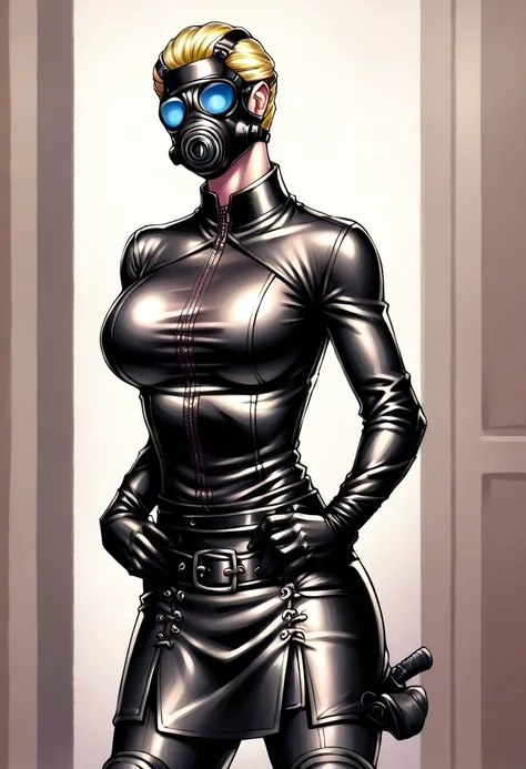 score_9, score_8_up, score_7_up, source_realistic, cowboy shot, BREAK 1girl, solo Bertha, Blonde hair, pulled back hair, Black gas mask, blue lenses, leather oat, gloves, pants, knee pads, big breasts, standing, hands on hips,