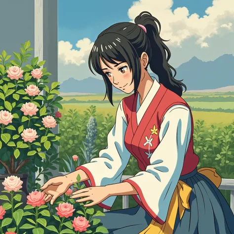 retro_anime, A young woman in a traditional outfit is tending to a small garden, surrounded by blooming flowers