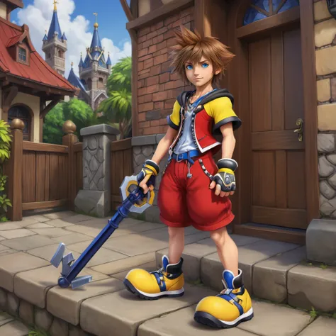 SoraKHXL <lora:SoraKingdomHeartsXL-000190:.8>, blue eyes, 1boy, [yellow] shoes, red shorts, brown hair, keyblade key, (anime, masterpiece, intricate:1.3), (best quality, hires textures, high detail:1.2), (4k),(incredibly detailed:1.4),UHD, 8K, ultra detail...