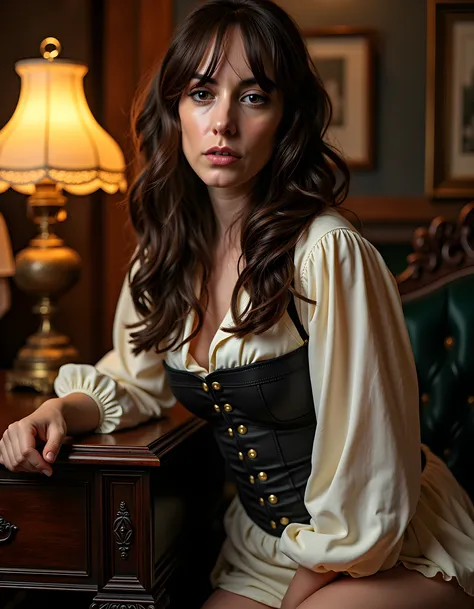 In a dimly lit, Victorian-inspired study bathed in the soft glow of an antique oil lamp, Brenna Perez poses seductively with her lips parted to reveal a captivating smile, her deep brown eyes sparkling with mischief. Her long, wavy chestnut hair cascades d...