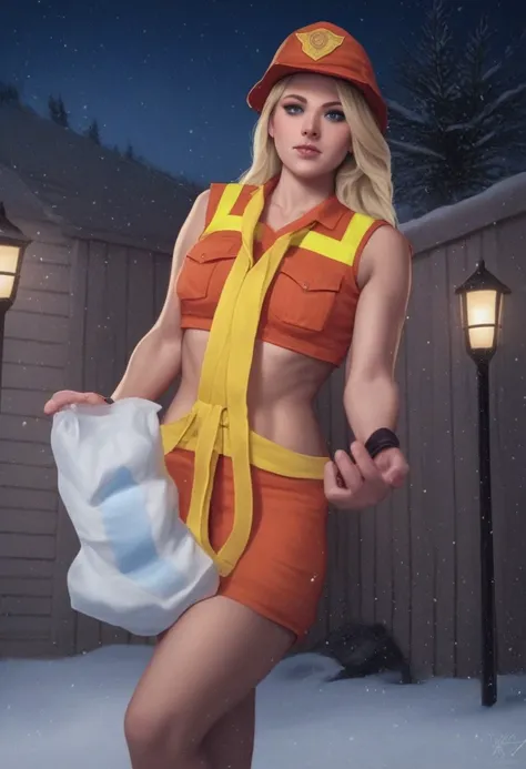 score_7_up, best quality, studio lighting, detailed, realistic, 1girl, thick, muscular, blonde, firefighter uniform, futa, matchstick light, snow, tropical russia , inside, night, ((holding open diaper)),