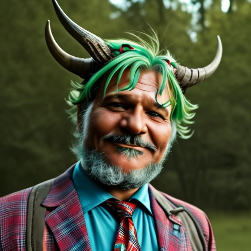 red necktie, jewelry, colored skin, plaid, old man, realistic, 1boy, horned helmet, outdoors, green hair