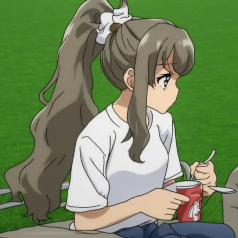 upper body, from side, sitting, white shirt, spoon, cup, outdoors, scrunchie, reading