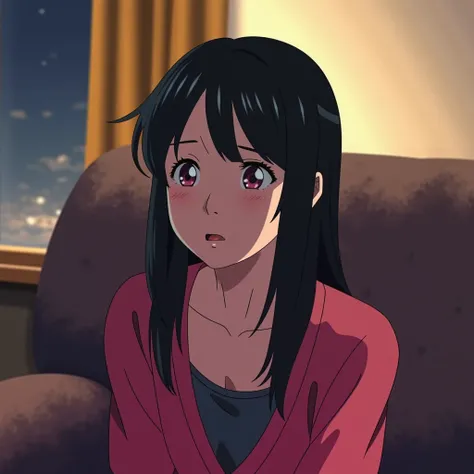 retro_anime, Korean webtoon style showing young woman, black hair, sitting on sofa, expression of surprise, room setting, plush couch fabric, ambient indoor lighting, character detailing, vibrant colors, high contrast shadows for dramatic effect, digital p...