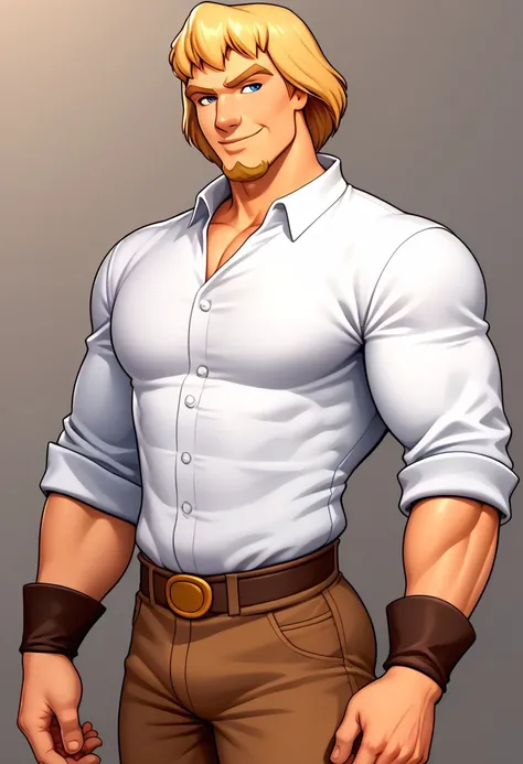 Captain Phoebus, white shirt, Brown Pants, wrist bands, Confident Smirk, Male, 1boy, Muscular