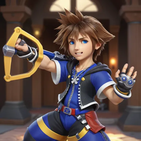 keyblade, SoraKHXL <lora:SoraKingdomHeartsXL-000190:.9>, blue eyes, 1boy,brown hair, Blue outfit, fighting pose, (anime, masterpiece, intricate:1.3), (best quality, hires textures, high detail:1.2), (4k),(incredibly detailed:1.4),UHD, 8K, ultra detailed