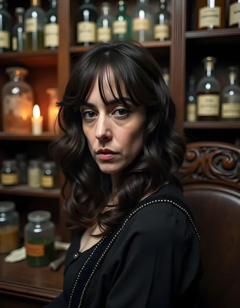 In a dimly lit, Victorian-era apothecary, a captivating portrait emerges. The camera focuses on Brenna Perez, her dark, wavy hair cascading over her shoulder, framing her expressive face that exudes an air of intrigue. Her lips are parted slightly, as if a...