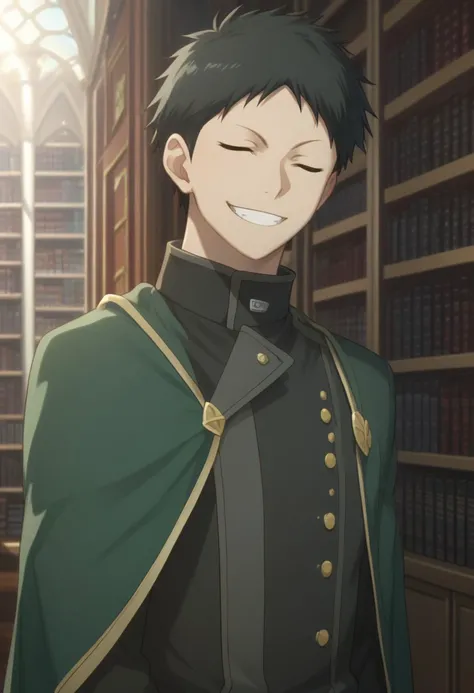 score_9, score_8_up, score_7_up, source_anime, highly detailed, 
obi_sw, 1boy, male focus, black hair, closed eyes, solo, bookshelf, library, short hair, looking at viewer,
upper body, cape, uniform, military uniform, smile, grin parody,
indoor, palace,