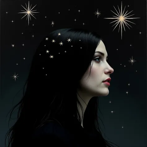 Gothic style,  <lora:dark art movement style v1:1>
 <lora:detailed photorealism style v3:1>
In dark art movement style, Macabre painting, sharp detailed cinematic art style, horror themed art style, gothic themed art style, a painting of a woman with stars...