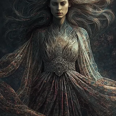 A woman stands amidst whirling Wheel of Time-inspired patterns, clad in a flowing Aes Sedai dress with intricate, shimmering embroidery, her face set against the dark, oppressive Malekene backdrop. Op art swirls dance across her attire, while Prismglasssha...