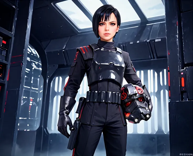 (score_9, score_8_up, score_7_up, score_6_up),  <lora:Seyn_Marana:1> seyn marana, star wars, 1girl, solo, helmet, gloves, science fiction, black hair, weapon, short hair, uniform, boots, armor, black gloves, realistic