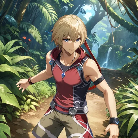 1boy, solo, ShulkXBXL, <lora:ShulkXBXL:.9>, jungle,, (anime, masterpiece, intricate:1.3), (best quality, hires textures, high detail:1.2), (4k),(incredibly detailed:1.4),UHD, 8K, ultra detailed