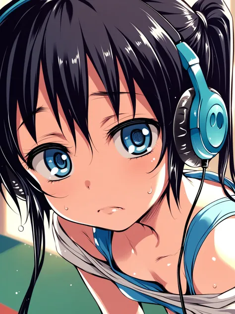 <lora:happy_tentacle-mayu-v0.1-000033:0.9>, ht_mayu, headphones, black hair, blue eyes, gym clothes, indoors , 1girl, solo, upper body , jitome , (wince :1.2), , looking back , bent over, downblouse , from side , score_9, score_8_up, score_7_up, score_6_up...