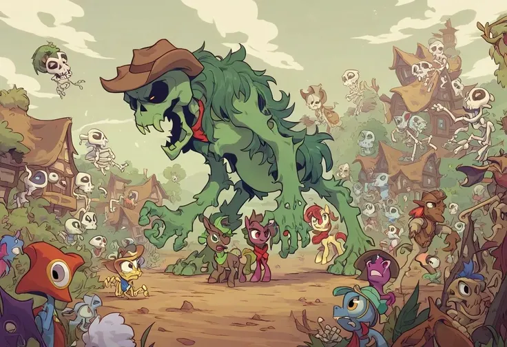 score_9, score_8_up, angry screaming ghost_tcr, skull, cowboy hat, neckerchief, skeleton, 1boy, multiple females, many ponies, furry with nono-furry, surrounded by ponies, mlp, green plains, town, closeup