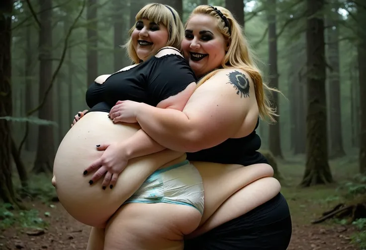 (photorealistic:1.6), (masterpiece:1.4), obese goth woman, (dancing:1.5), (focus on movement:1.6), (obese figure:1.7), ssbbw, (pregnant belly:1.6), (looking over shoulder:1.5), poopy diaper, second woman, (blonde:1.5), (gently touching goth woman’s ass:1.6...