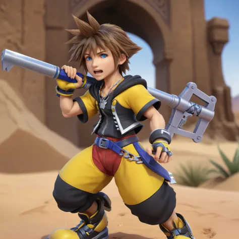 keyblade, SoraKHXL <lora:SoraKingdomHeartsXL-000190:.9>, blue eyes, 1boy,brown hair, yellow outfit, fighting pose, desert, (anime, masterpiece, intricate:1.3), (best quality, hires textures, high detail:1.2), (4k),(incredibly detailed:1.4),UHD, 8K, ultra d...