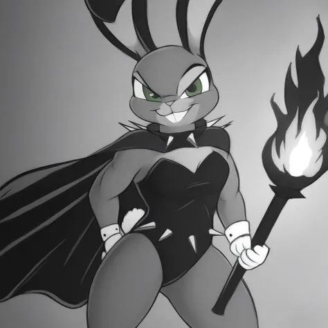 solo, spikes, green eyes, smile, cape, rabbit ears, torch, obliques, greyscale