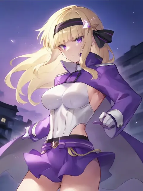 <lora:alfericaremakepony:1>
score_9, score_8_up, score_7_up, source_anime, 1girl, solo, alfericabarkraid, large breasts, blonde hair, long hair, blunt bangs, purple eyes, hairband, hair ribbon, magical girl, outdoors, night, purple sky, standing, serious, ...