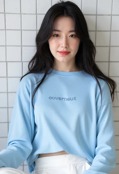 The image is a photograph featuring shuhua with long, straight black hair, styled with a slight wave, and a fair complexion. She is seated against a white tiled wall, which is composed of small, square tiles arranged in a grid pattern. The woman is dressed...