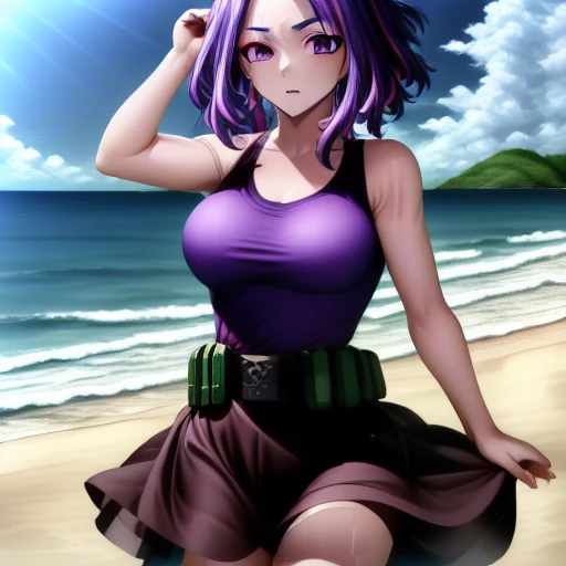 sleeveless shirt, outdoors, wet, solo, purple shirt, close-up, medium hair, building, shirt, hand up, purple hair, cleavage cutout, ocean, forehead, skirt hold, streaked hair, short shorts, beach, blue sky, brown belt, bare arms, parted bangs, sleeveless d...