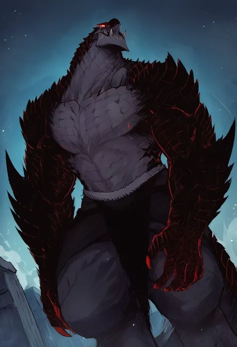 score_9, score_8_up, score_7_up, male, Ananta, Dark scales, spikes, sharp fangs, Red eyes, Large tail, claws, Dragon, muscular, Spikes on shoulders, source_anime, 1boy, solo, muscular:1.3, hands, happy face, smile, (((dutch angle, posing, from below, looki...