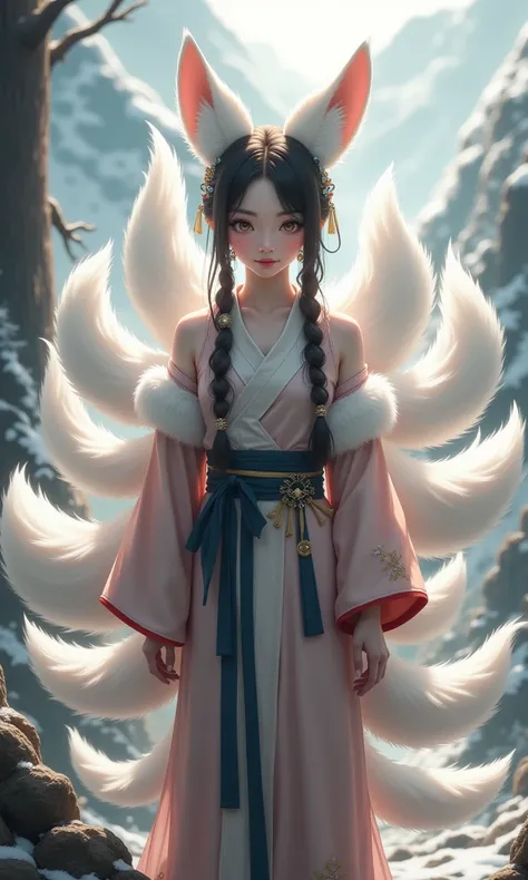 According to Chinese mythology,the Nine Tailed Fox has nine oversized fluffy tails and white fox ears. It stands out for its makeup,Chinese clothing,hair accessories,jewelry,earrings,wide sleeves,exposed shoulders,and semi transparent presence on snowy mou...