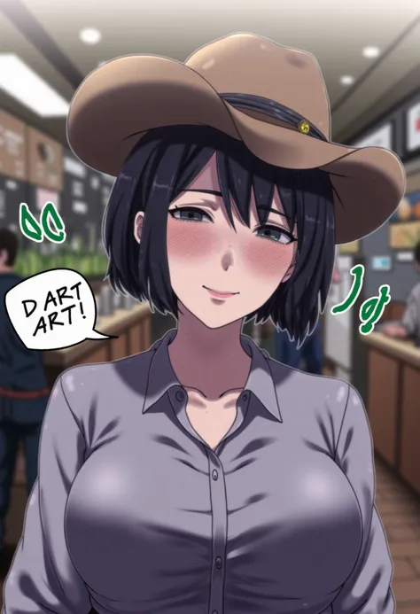 Masterpiece, D-ART (Artist), @18dart5, @18dart3, @18dart2, @18dart1, 1 woman with short black curly hair, button up collared shirt and a cowboy hat, smiling with eyeliner, background is the inferior of a busy Starbucks coffee shop, floating text above her ...