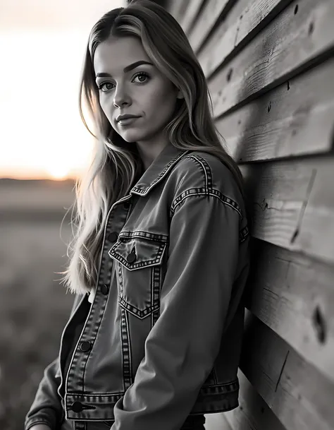 In a captivating black-and-white photograph, K4T3D, a woman with expressive brown eyes and cascading long hair, poses in profile against the soft glow of a setting sun. Her gaze is intense yet melancholic as she leans slightly forward, her full lips pursed...