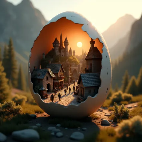 professional 3d model cinematic film still  <lora:Laura_Flux_Ahkinama:1>"Inside a beautifully cracked eggshell, a bustling medieval village is revealed. The miniature village is filled with stone cottages, cobblestone streets, and a small castle perched on...