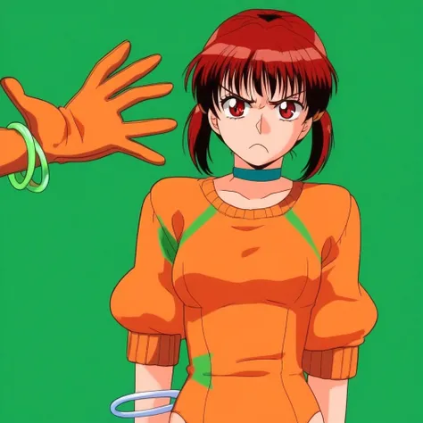 green background, orange shirt, frown, red eyes, one-piece swimsuit, sweater, choker, bracelet, gloves