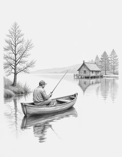 pencildrawing of a an image of a man fishing in a boat in the middle of a lake, in the distance there is a fishermans hut <lora:pencildrawing:1>