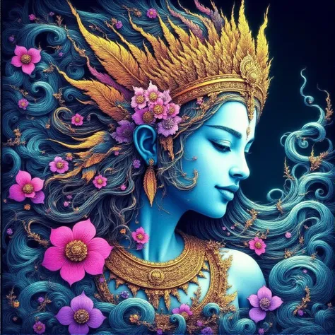 <lora:thaiunique_ai:1.5>,Create a vibrant, intricate artwork inspired by Southeast Asian mythology. Depict a serene goddess-like figure with flowing hair, adorned in detailed golden jewelry and a radiant headdress with feathers. Her skin is a luminous blue...
