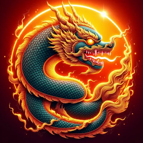 <lora:thaiunique_ai:1.5>,An intricately detailed depiction of a mythical Thai dragon (or Naga), with vibrant, ornate scales and flowing, fiery mane, encircled by a glowing golden sun. The dragonâs head is fierce, with glowing eyes, sharp fangs, and a dyn...