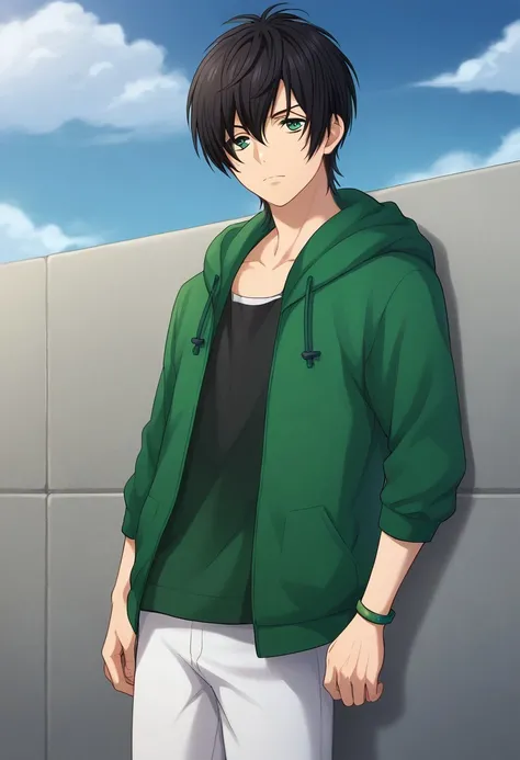 score_9, score_8_up, score_7_up, source_anime, highly detailed, 

taiga, 1boy, male focus, green eyes, solo, black hair, looking at viewer, pants, jewelry, hood, bracelet, shirt, hoodie, green hoodie, open hoodie, open clothes, pants, white pants, upper bo...