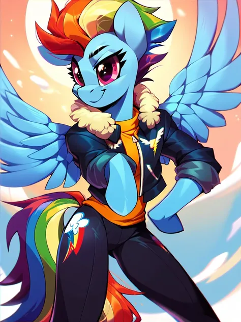 score_9, score_8_up, score_7_up, score_6_up, score_5_up, score_4_up , source_pony, anthro, older_dashie, jacket, fur trim, black pants, detailed background, detailed face, detailed eyes, <lora:older-dashie-v1:1.0>
