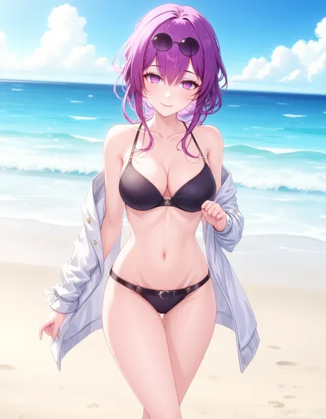 kafka, female, purple hair, pink eyes, beach, bikini, sunglasses, anime,