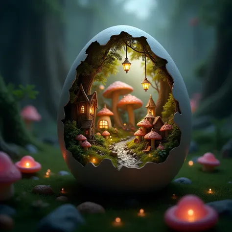 professional 3d model cinematic film still  <lora:Laura_Flux_Ahkinama:1>"Inside the cracked egg, a magical fantasy village comes to life. Tiny mushroom houses and fairy cottages are nestled in a lush forest, with sparkling streams and glowing lanterns hang...