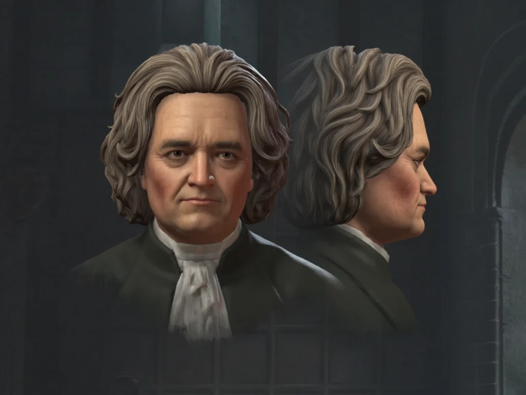 CK3 style, Ludwig van Beethoven with long gray hair and brown eyes, character creation screen, front facing shot and profile