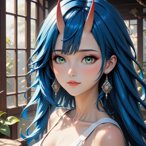 <lora:TzigoOniHornsFlux:1>, a beautiful blue haired girl with tzigoonihorns, long messy blue hair, beautiful detailed deep green eyes, shy smile, small breasts, white tank top, upper body view, in a bar, filigree silver earrings, filigree silver necklace,