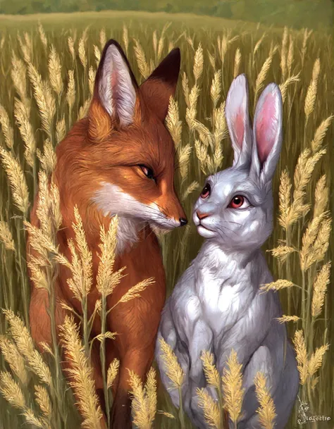 <lora:sanstitre_pony_v1:1>  a fox and a hare in a wheat field  by sanstitre in 2020,pop art (style),illustration (genre),, score_9, score_6_up, score_7_up